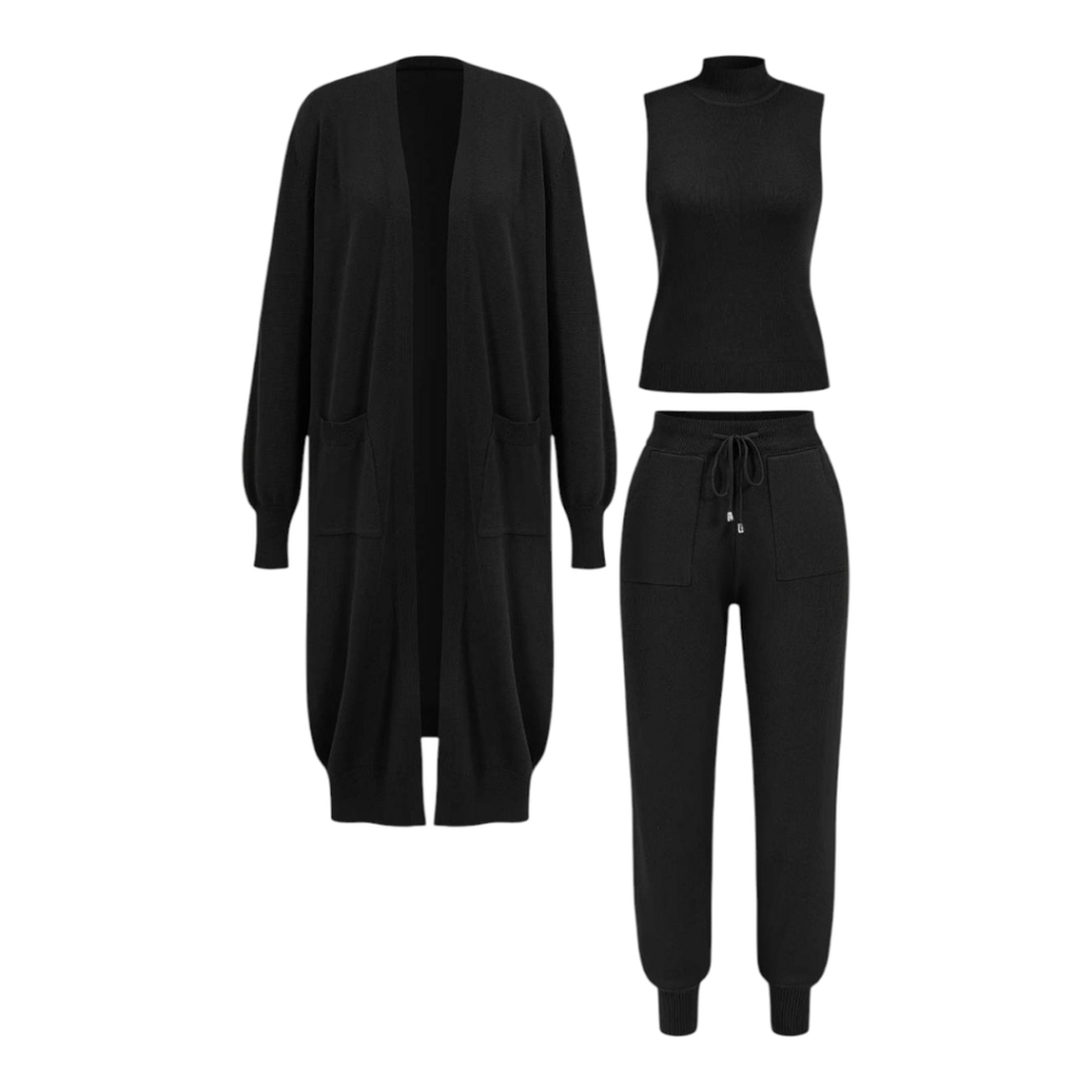 3PC SWEATER POCKET DRAWSTRING PANT SET COLOR BLACK SZ LARGE - Picture 2 of 6